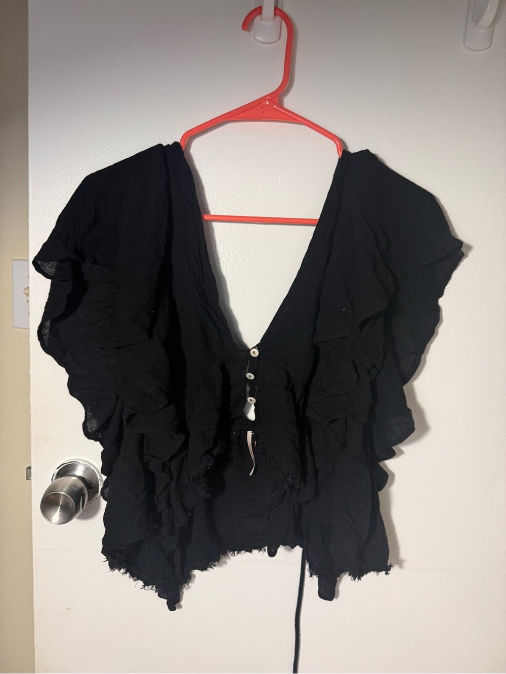 Free People Black Ruffle V‑Neck Button Front Tank